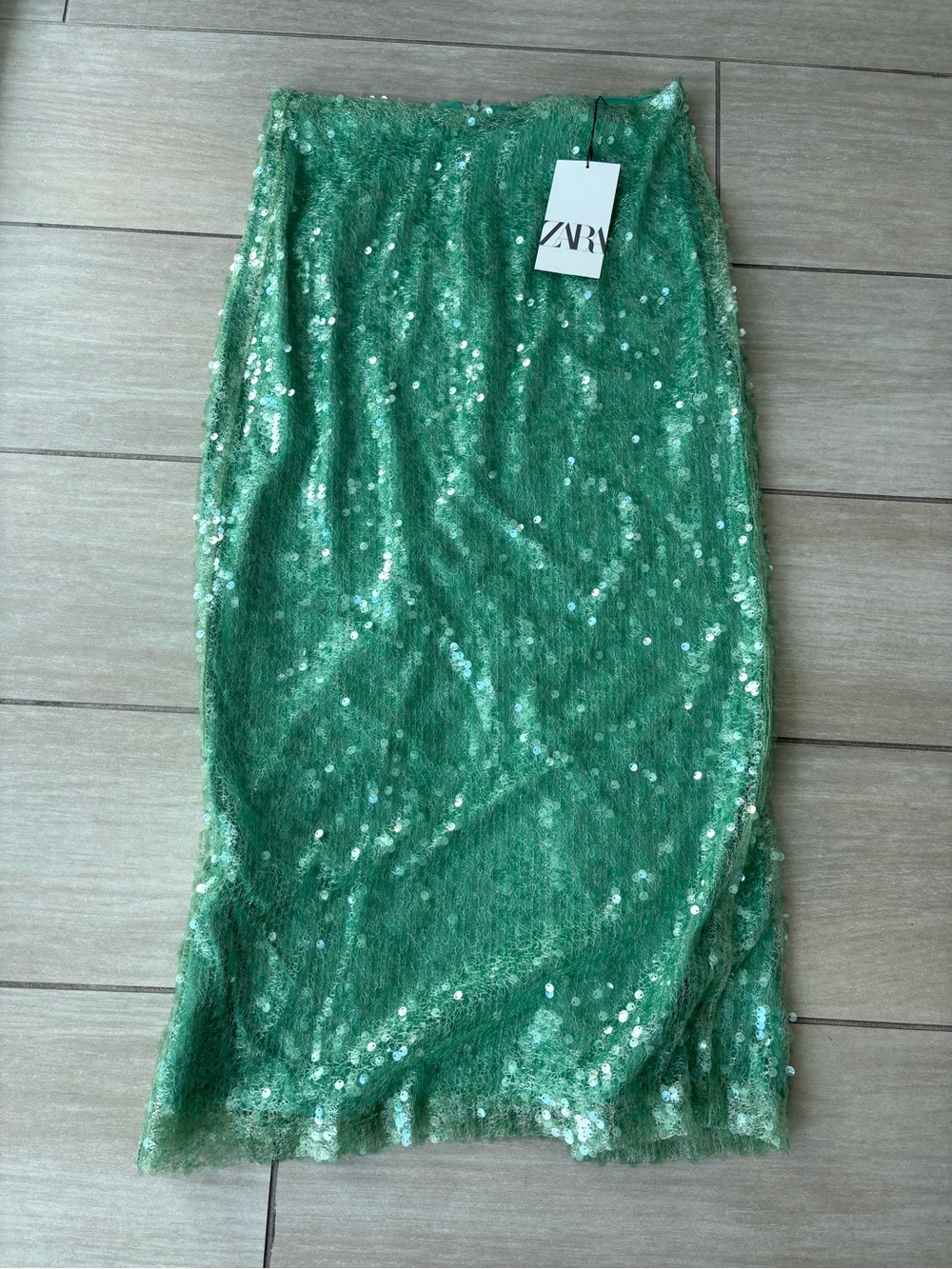 Zara Green Sequin Midi Pencil Skirt